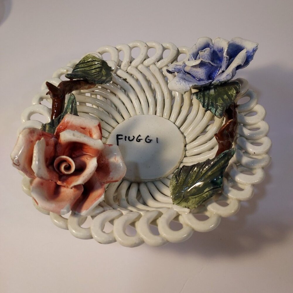 Vintage Italian Handmade Woven Lattice Basket Bowl RED WHITE & BLUE ROSES - Picture 9 of 16